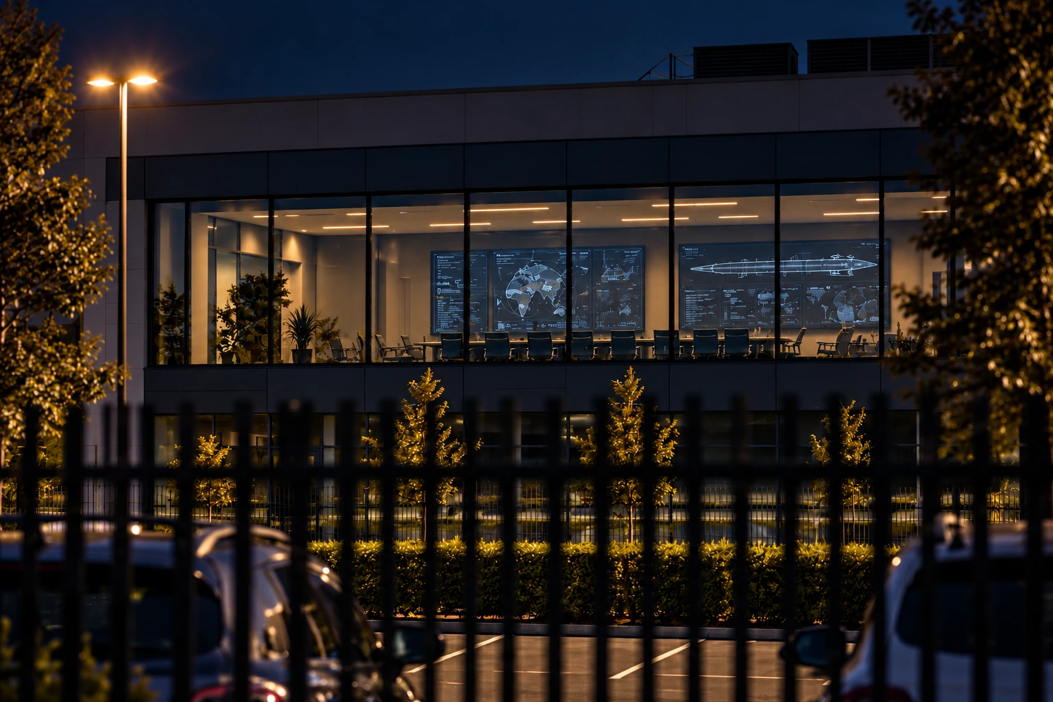The facility at night with the upper-floor interior visible through the glazing